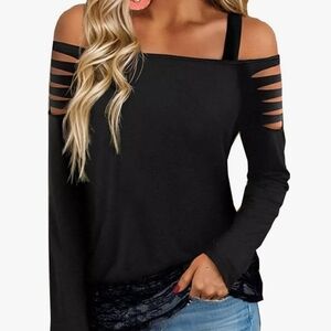 Lace Splicing Cut Out Cold Shoulder Shirt Women Sexy Cut Out Hollow Out Long Sle